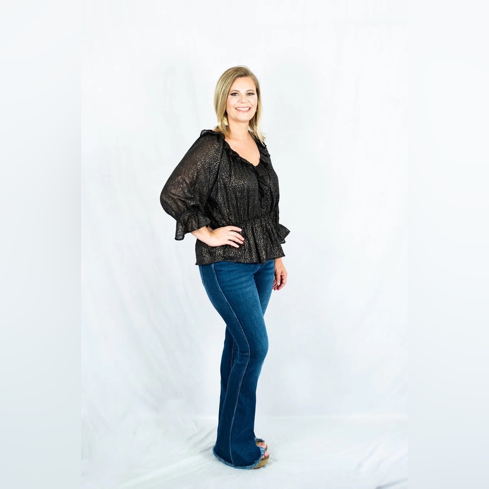 ENTRO Shimmer Leopard Print V-Neck Peplum Top Green Gold Artsy Quirky Size S NWT - Picture 5 of 12